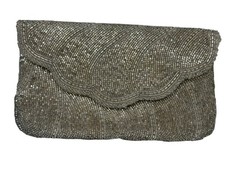 Antique Delil Silver Beaded Clutch Purse With Scallop Flap
