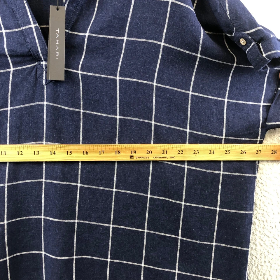 Nuevo Top túnica Tahari 2X azul marino a cuadros mezcla de lino manga corta cuello Foto 4 de 4
