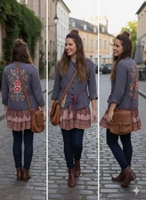 Aratta Silent Journey S Embroidered Floral Jacquard Trim Jacket Bandana Hem