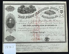 1870 FIRST NATIONAL BANK COLUMBIA, PA STOCK CERTIFICATE 