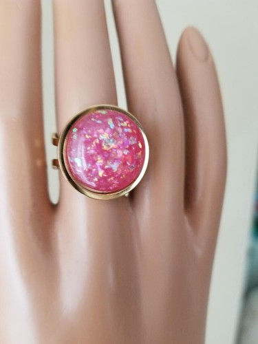 Opal Ring: Rose Pink Resin Opal 18 or 20mm 18-Karat Gold Plated, Stainless-Steel - Picture 12 of 21