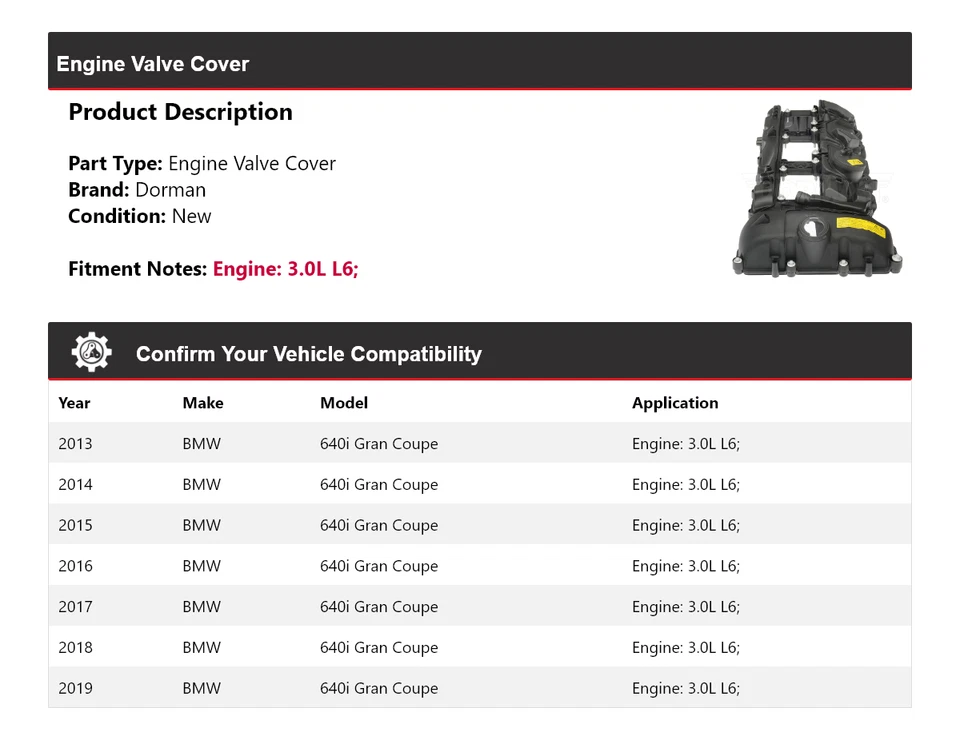 Tampa da válvula do motor Dorman 2014 2015 para 2013-2019 BMW 640i Gran Coupe 3.0L L6 - Imagem 2 de 4