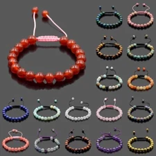 Men Women 8mm Natural Gemstones Macrame Loose Beads Bracelet Adjustable Handmade