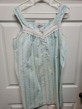 Villager Nightgown Size L Turquoise Blue Flowers Lacey Trim Sleeveless