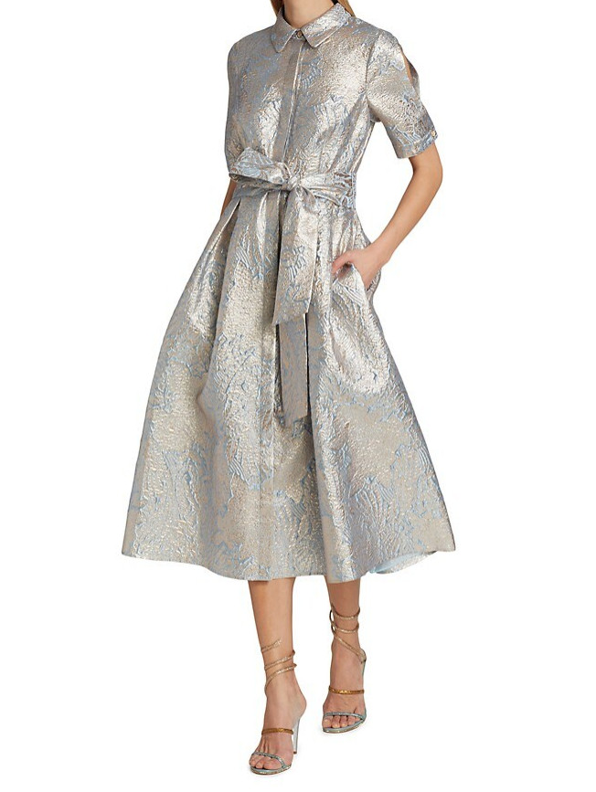 Teri Jon by Rickie Freeman Shot Slit Sleeve Metallic Jacquard Shirt Dress (s.22)