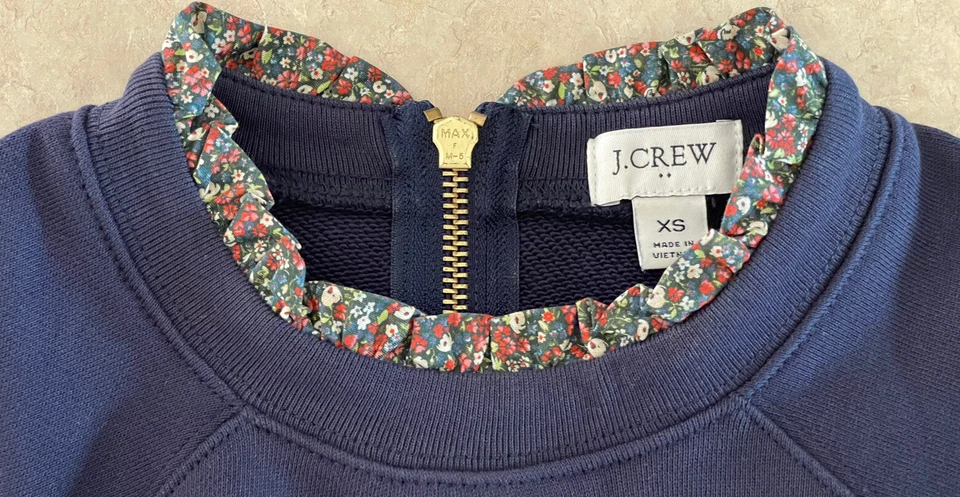 J. Sudadera Crew Cremallera Trasera Cuello Redondo Floral Volantes Ribete Para Mujer’s XS Azul Marino Foto 3 de 4