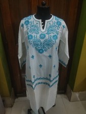 LONG TUNIC XL 44" ETHNIC 100 COTTON HANDMADE TOP CHIKAN EMBROIDERY KURTA KURTI