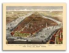 1876 New York City, New York Vintage Old Panoramic NY City Map - 18x24