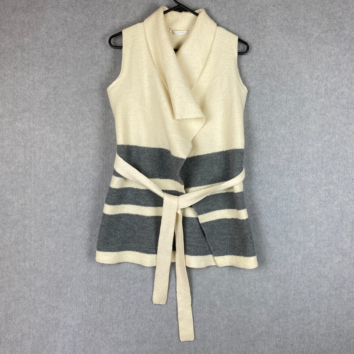 Trenery Vest Womens Small White Grey Striped Pure Wool Belted