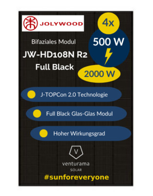 4x Jolywood JW-HD108N R2 500W Full Black   Bifazial Glas-Glas Modul Solarpanel