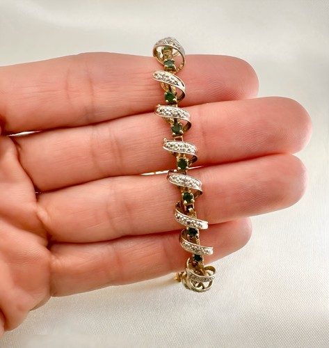 Spiral Link 10K Gold India Emerald Bracelet 7.3" 11.21g 22 Stones, Estate - Picture 3 of 9