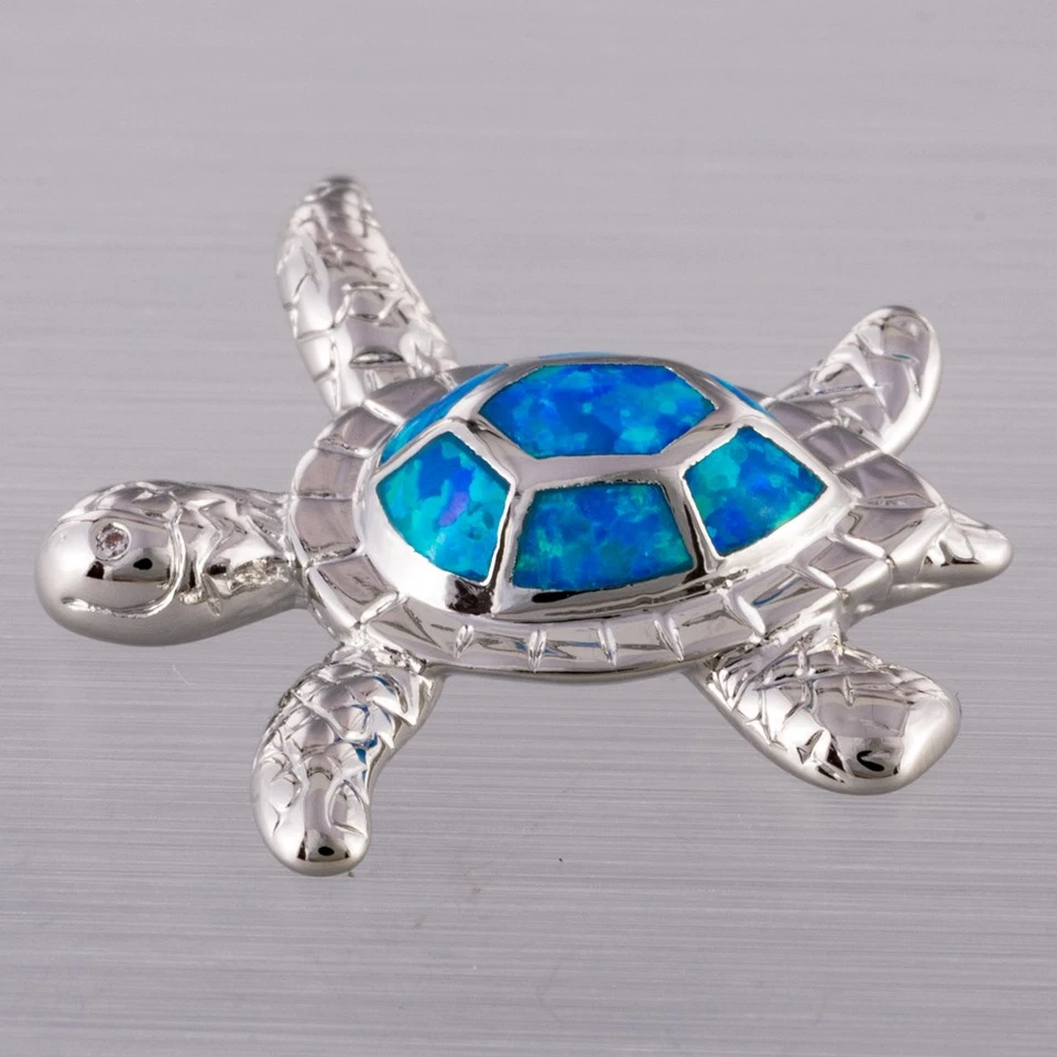 Collar colgante de plata ópalo de fuego azul océano tortuga marina carey Foto 4 de 4