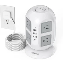 Tower Surge Protection 10 ft, Long Flat Extension Cord with Multiple Outlets