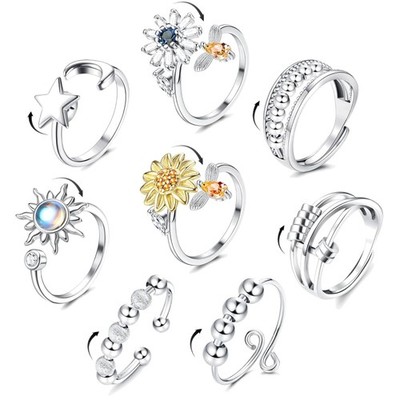YADOCA 8 Stück Anti Stress Ring Silber Anxiety Ring für Damen Verstellbar Zir...