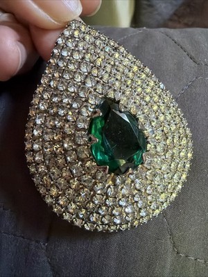 Vintage Signed Celebrity NY Pave  Rhinestones Brooch Green Center Crystal Silver