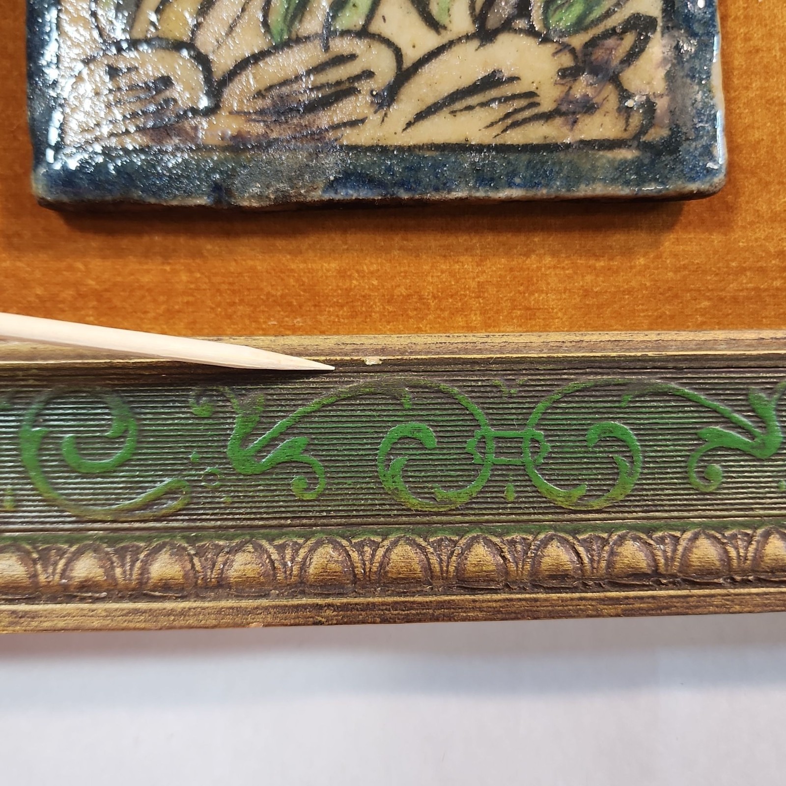 Hand-Painted VTG Persian Style Tile Wall Art Ornate Wooden Frame Floral MCM