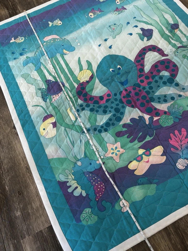 Manta colcha vintage años 90 bebé niño pez marino pulpo azul verde azulado púrpura Foto 3 de 4