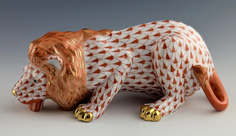 🦋 NEW in BOX HEREND 6.25” LION Drinking Rust Fishnet Cat Figurine ($627 Retail) - Image 4 of 4