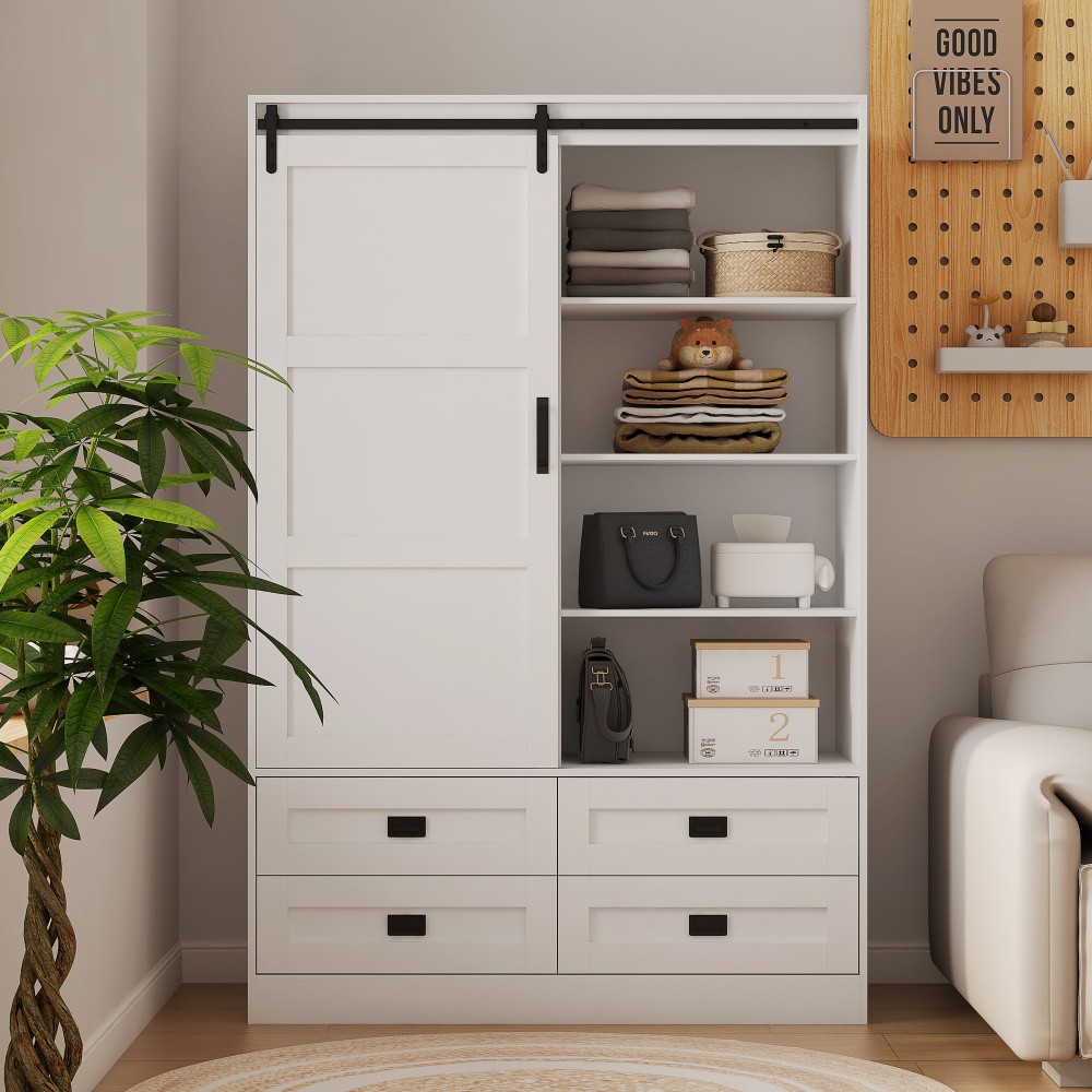 Wardrobe Closet Cabinet w/ Barn Doors, Hanging Rod, 4 Drawers & 3 Shelves-image