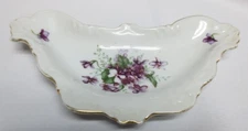 Vtg LEFTON Hand Painted VIOLETS FLOWERS Porcelain Gold Trim Bone Dish G765