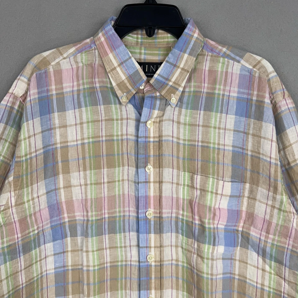 Camisa Mine Para Hombres XL Azul Rosa Verde Vestido a Cuadros Preppy Coastal Resort 100% Lino Foto 2 de 4