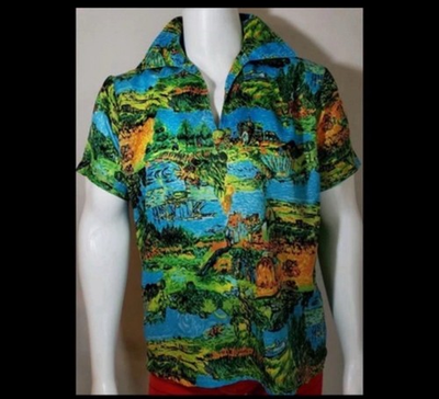 #ad #ad 60s Surfer Shirt Mens M Crazy Colorful Dagger Collar Van Gogh Print Troy CA $57.98