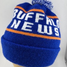 Vintage 90s Buffalo News New York Pom Pom Beanie Winter Knit Hat Cap USA