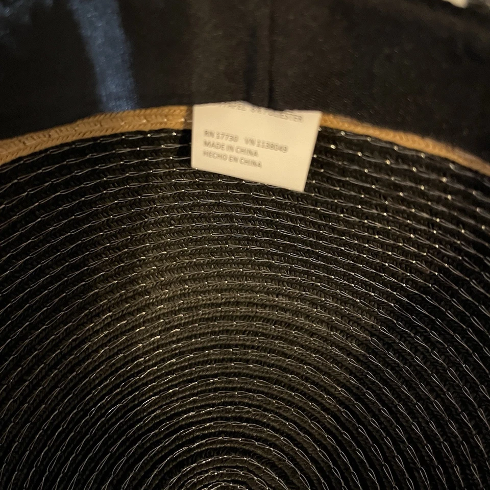 NWT One Size Wide Brim Sun Hat Black White Tan Straw Floppy Boho Summer Cruise - Image 4 of 4