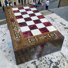 Handgefertigtes Backgammon Schachspiel Massiv Intarsien Holz Spielbrett Luxus...