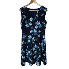 Wisp Fit and Flare Dress Women 12 Navy Blue Exc. Scalloped Floral Sleeveless