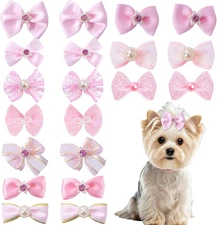 20 PCS Cute Dog Hair Bows with Rubber Bands Elastic Handmade Mix Style Lace Rhin