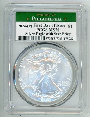 2024 P American Silver Eagle with Star Privy PCGS MS70 First Day of Issue - Image 1 of 2
