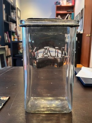 ANTIQUE GLASS VISIBLE MAILBOX EMBOSSED LID BROKEN OFF! READ US MAIL VINTAGE