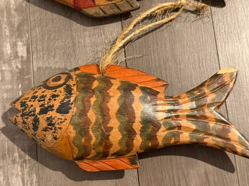 Pair of Hand-Carved Colorful Wooden Fish Quirky Painted Tropical Decor Art - Picture 2 of 4