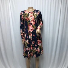 Les Amis Floral Dress Womens Size Medium Navy Pink Roses Long Sleeve Cottagecore