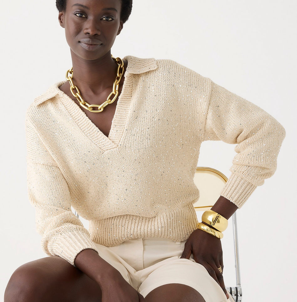 NEW NATURAL SEQUIN SWEATER POLO SZ XS EXTRA SMALL