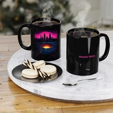 Black Coffee Mug, 11oz, 80s Themed Neon Retro Energy Atomic Wave Cityshapes