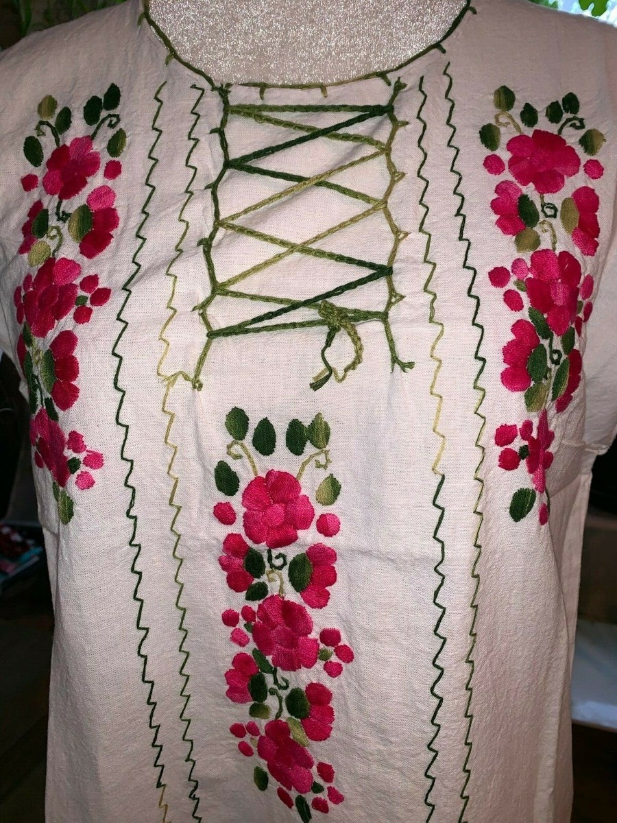 Maya Mexican Blouse Top Shirt Embroidered Floral Flower Tie