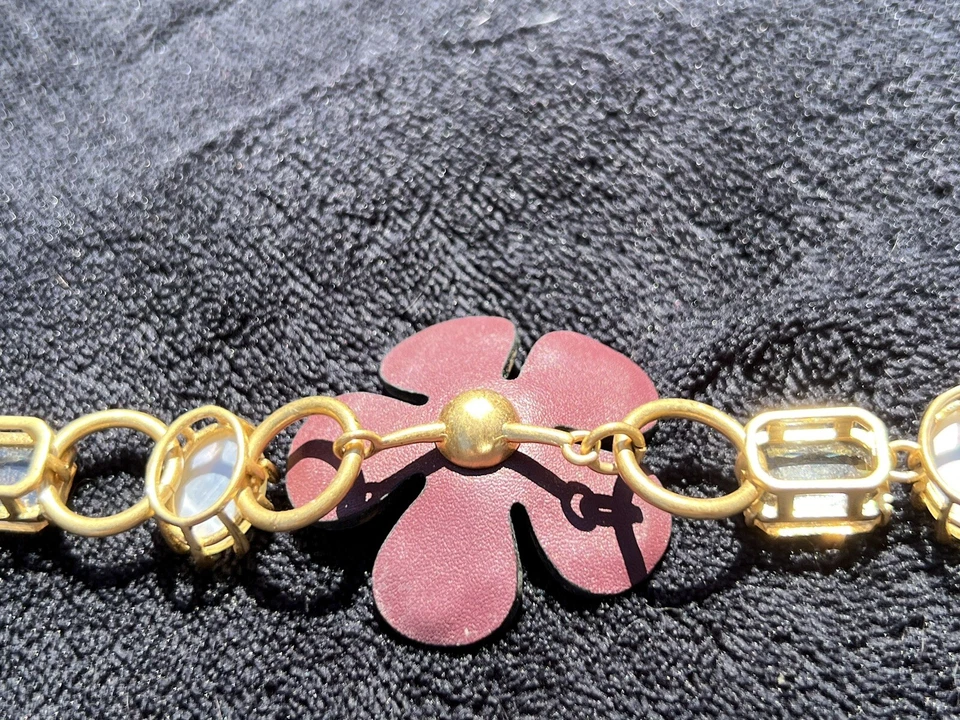 Kate Spade Leather Maroon Flower Rhinestone Gold Tone Blooming Bling Necklace - Image 3 of 4