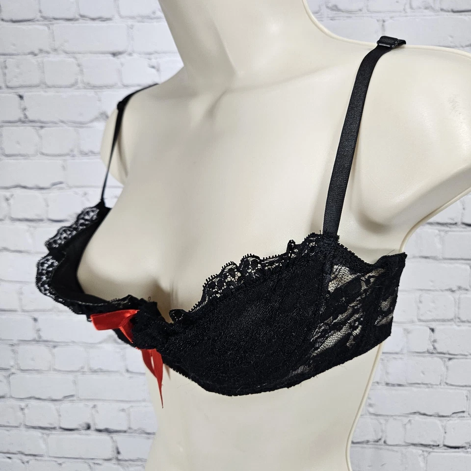 Sujetador Balconette Acolchado Encaje Negro Lazo Rojo Seda Exposed By Magic Talla L/XL Foto 3 de 4