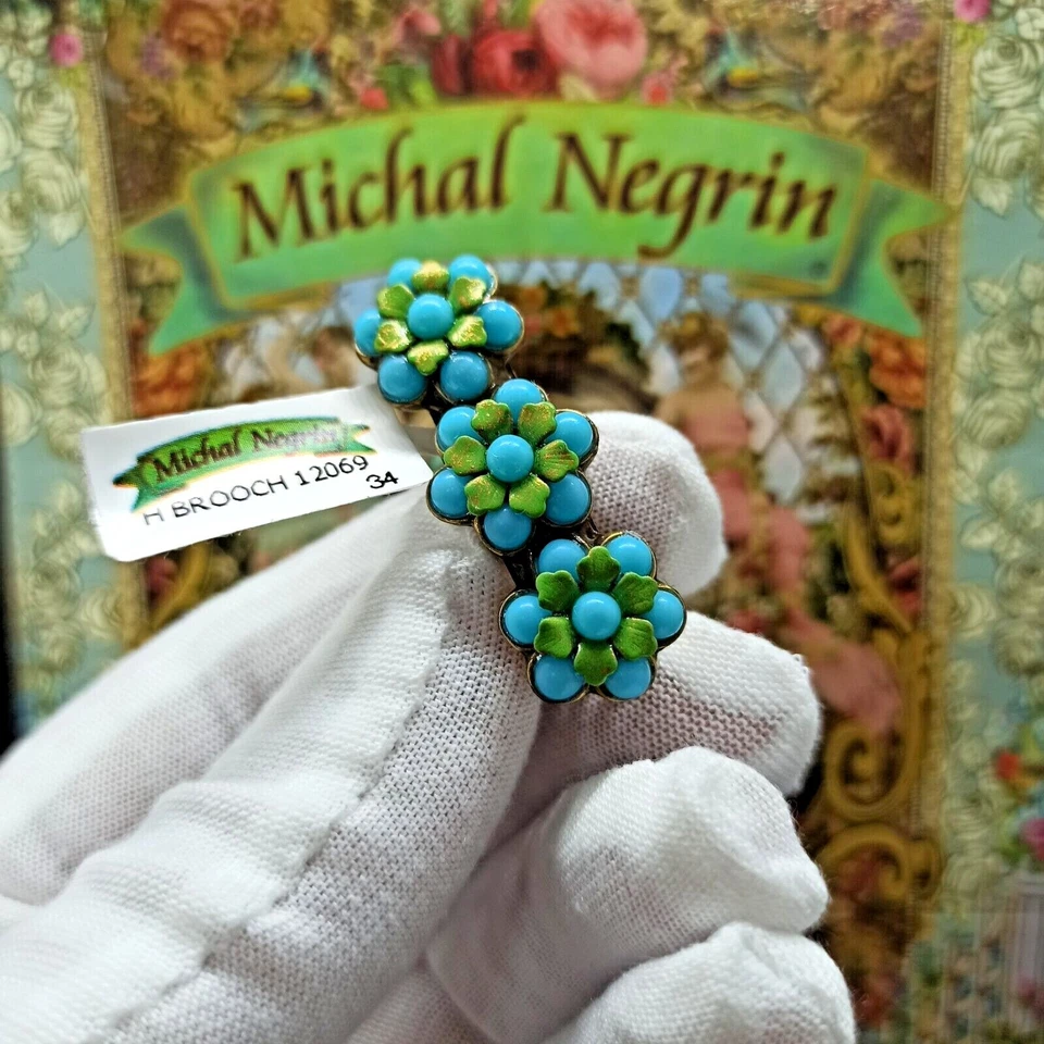 Michal Negrin 发夹绿松石蓝色花朵和绿色珐琅全新带标签礼品盒 — 第 4/4 张图片
