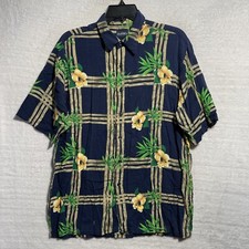 Puritan Button Hawaiian Shirt Blue Floral Mens Medium Short Sleeve Rayon