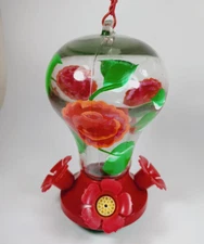 Glass Hummingbird Feeder with Hand Painted Roses, Features 3 Stations.