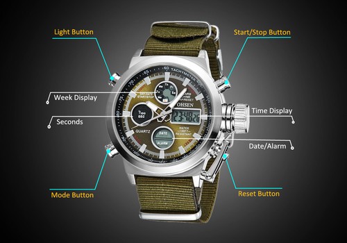 OHSEN Orologio Uomo LED Digitale Quarzo Dual Time Uomo Militare Nylon Orologi da Polso - Foto 5 di 27