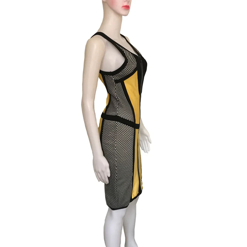 Vestido ceñido al cuerpo vintage años 90 estilo vendaje amarillo y negro bloqueado de color S Foto 3 de 4