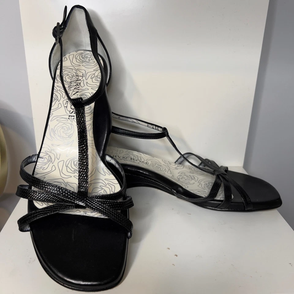 Taryn Rose Black Leather T-Strap Sandals Heels Dressy Occasion Size 8.5 - Image 2 of 4