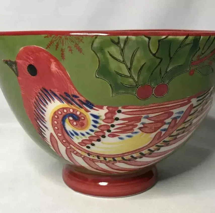Kate McRostie Handpainted Ceramic Bowl Dish Bird & Holly Creative Co-Op Holiday - Image 3 of 4