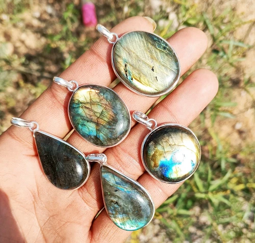 Labradorite Gemstone 925 Sterling Silver Plated Wholesale Lot Bezel Pendants - product listing photo