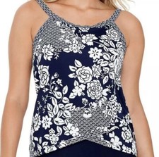 Swim Solutions Navy Swim Top Womens Size 10 White Floral Nautical Tankini NWT