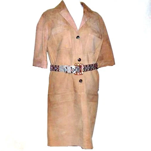 Escada Savannah Tan Lambskin Leather Suede Shirt Dress Medium 38 Spot on Front - Image 4 of 4
